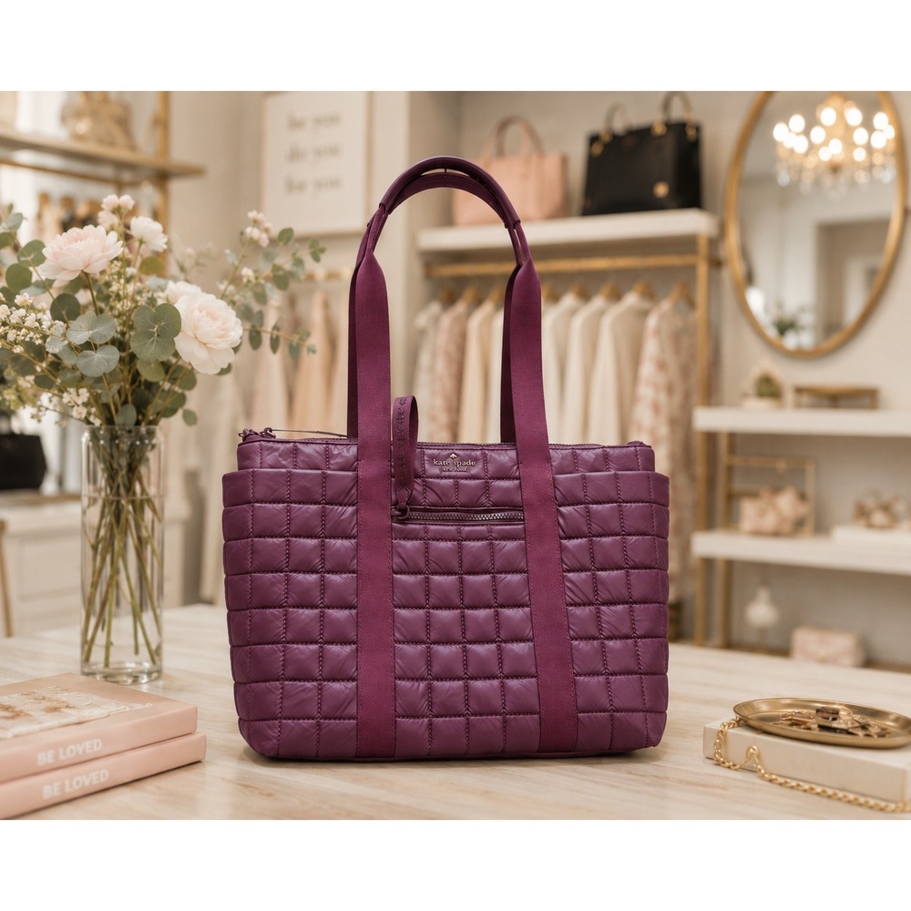 Kate Spade New York Quilted Puffer Tote Bag Plum Burgundy Camden Shoulder Bag